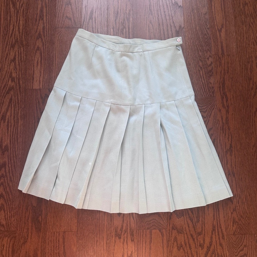 Vintage 100% Worsted Wool Pleated Drop Waist Skirt Sage Green Made in USA 16